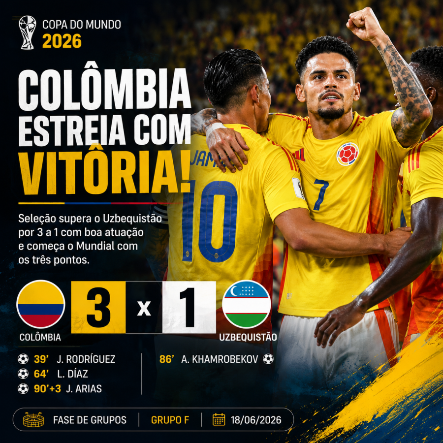Colômbia vence Uzbequistão por 3 a 1 e estreia com autoridade na Copa do Mundo de 2026