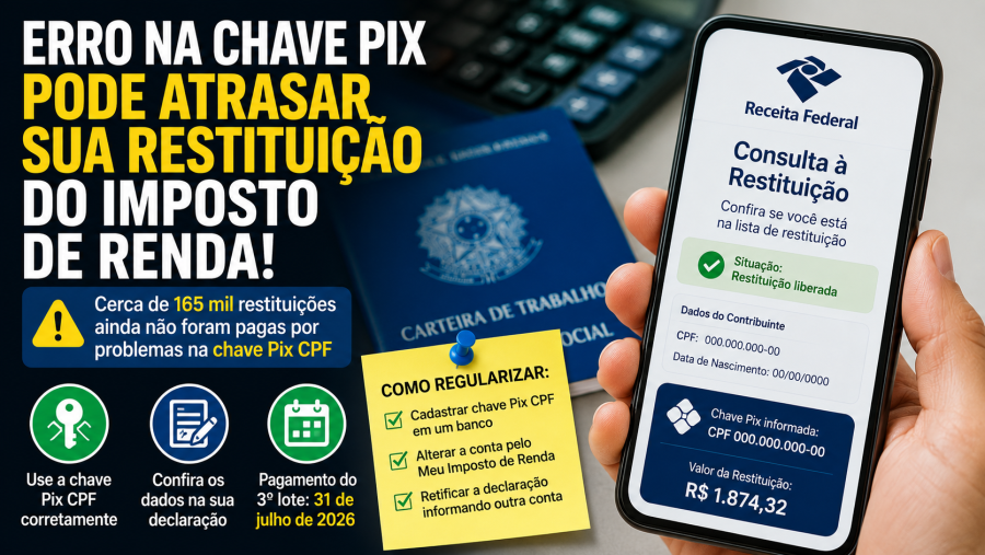 Receita Federal alerta: erro na chave Pix pode atrasar restituição do Imposto de Renda; veja como evitar o problema